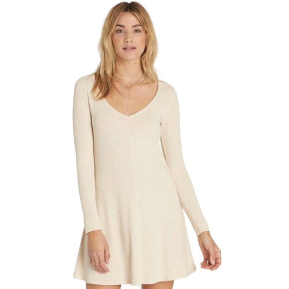 Billabong Dresses & Skirts - Billabong Go Along Skater Mini Dress V Neck Long Sleeve Rib Knit Beige Size M